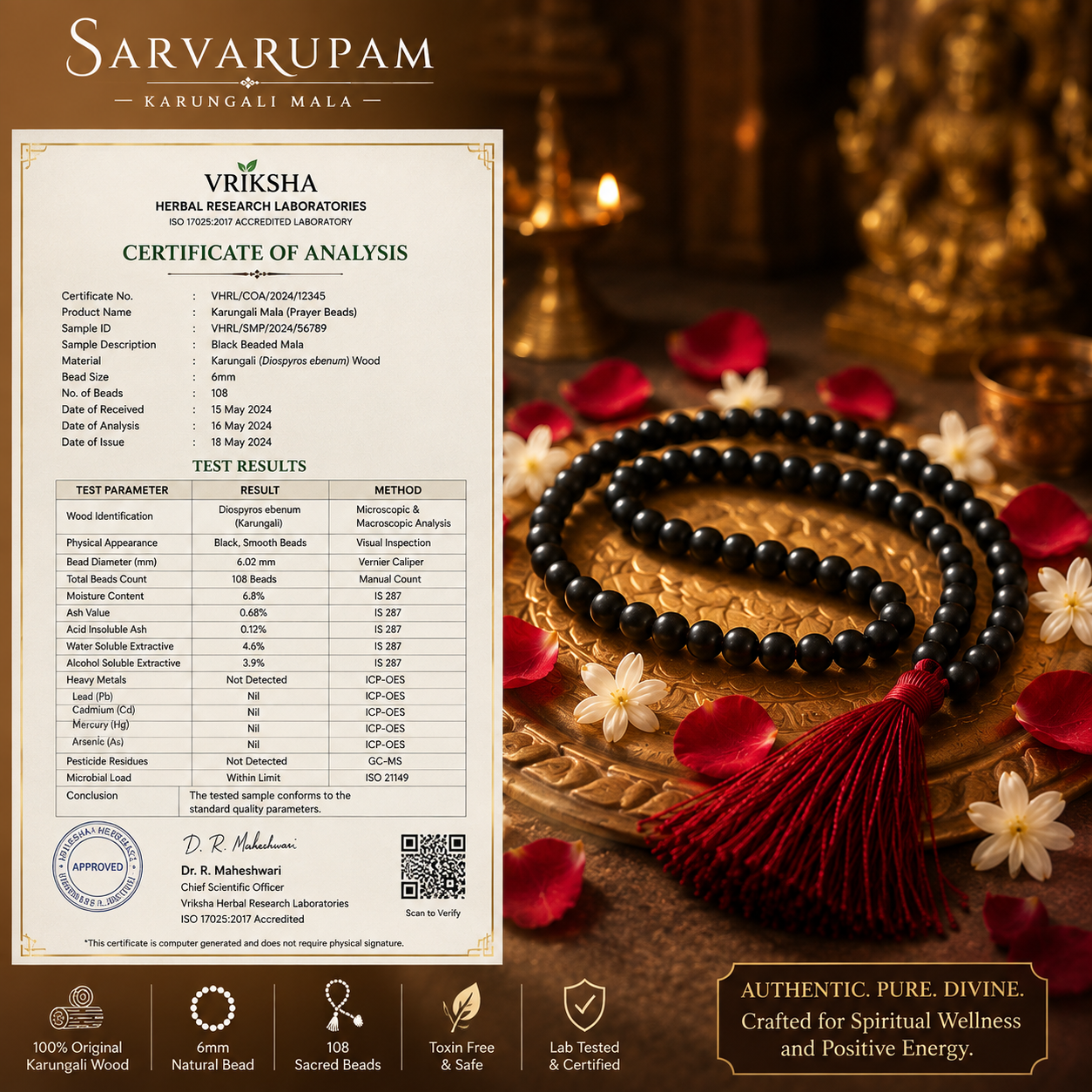108 Divya Karungali Mala - Natural Ebony Wood Beads (Govt. Certified)